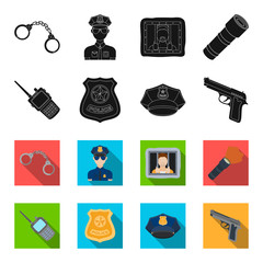 Radio, police officer badge, uniform cap, pistol.Police set collection icons in black,flet style vector symbol stock illustration web. © pandavector