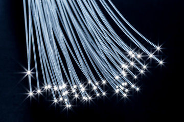 Bundle of optical fibers with lights in the ends. Black background.