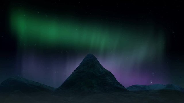Arctic bright northern light over mountains landscape. Realistic aurora borealis digital motion animation.