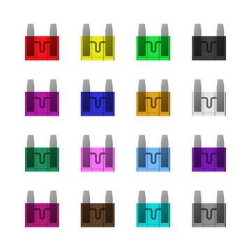 A set of multicolored electronic fuses. Plastic parts of an automatic car. Vector illustration. Protection against damage.