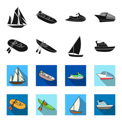 A rubber fishing boat, a kayak with oars, a fishing schooner, a motor yacht.Ships and water transport set collection icons in black,flet style vector symbol stock illustration web. © pandavector