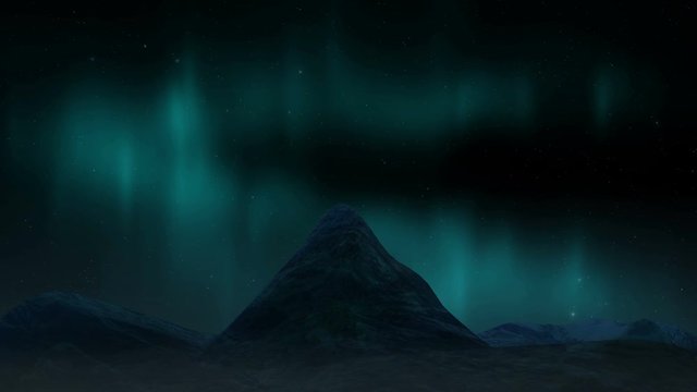 Arctic bright northern light over mountains landscape. Realistic aurora borealis digital motion animation.