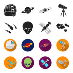 Asteroid, car, meteorite, space ship, station with solar batteries, the face of an alien. Space set collection icons in black,flet style vector symbol stock illustration web. © pandavector