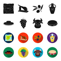 The hat of the todeador, the matador, a bunch of grapes with fists, a bull for the Spanish bullfight, a tambourine. Spain country set collection icons in black,flet style vector symbol stock © pandavector