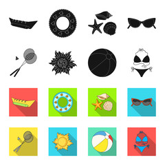 A game of badminton, a ball and the sun.Summer vacation set collection icons in black,flet style vector symbol stock illustration web. © pandavector
