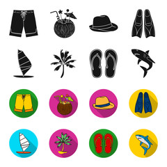 Board with a sail, a palm tree on the shore, slippers, a white shark. Surfing set collection icons in black,flet style vector symbol stock illustration web. © pandavector