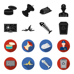 Broken TV monitor, banana peel, fish skeleton, garbage bin. Garbage and trash set collection icons in black,flet style vector symbol stock illustration web. © pandavector