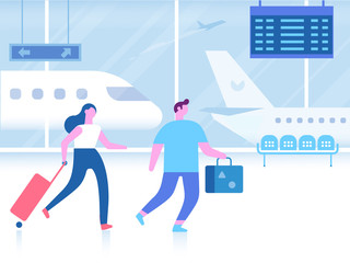 Different people sitting and walking in airport terminal. Travel concept. Infographics elements. Flat vector set.