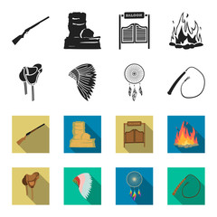 Saddle, Indian mohawk, whip, dream catcher.Wild west set collection icons in black,flet style vector symbol stock illustration web. © pandavector