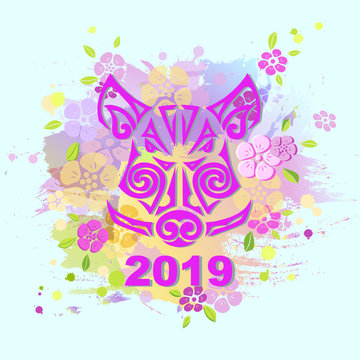 Boar's or Pig's Head isolated on background. Pig's or Boar's head as logo, badge, icon, patch. Template for party invitation, greeting card, pet shop, web. Symbol of Chinese New Year 2019.