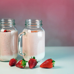 Strawberry milkshake in the glass jar
