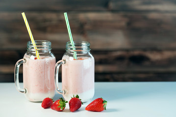 Strawberry milkshake in the glass jar
