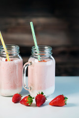 Strawberry milkshake in the glass jar