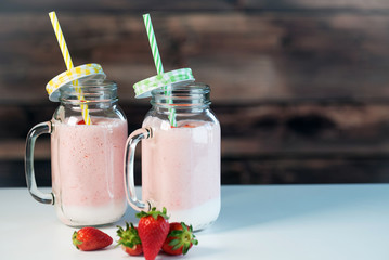Strawberry milkshake in the glass jar