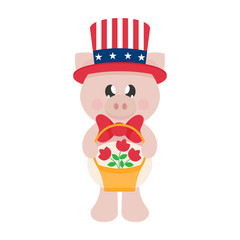 4 july cartoon cute pig in hat with basket and flowers