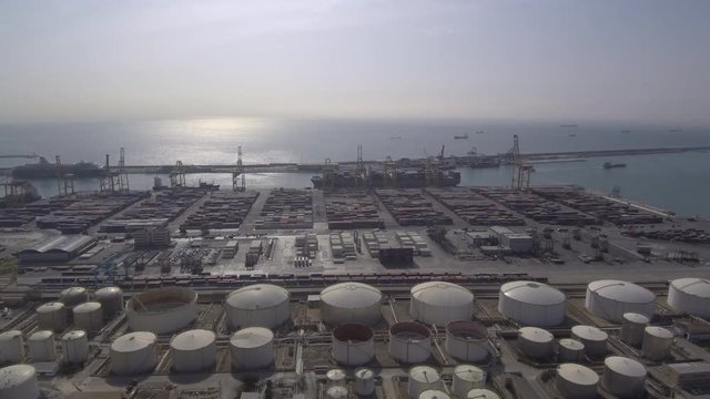 Barcelona, Spain. Aerial Shot Of Industrial Harbor