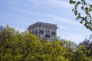 The clock tower is in the park