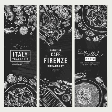 Italian food banner collection. Spagetti and ravioli pasta. Engraved style illustration. Hero image. Vector illustration