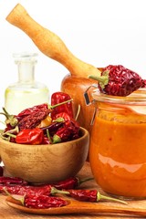 Fresh made Chili Sauce. Red peppers marinated with chilli and garlic. Sale of spices. Food ingredients.