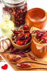 Fresh made Chili Sauce. Red peppers marinated with chilli and garlic. Sale of spices. Food ingredients.