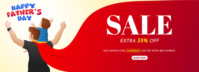 Happy Father's Day, Sale Banner Design with 35% Off Offers and happy illustration of a Father and Son duo.