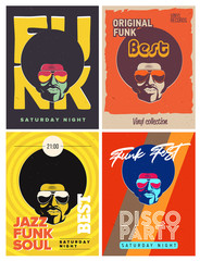 Disco party event flyers set. Collection of the creative vintage posters. Vector retro style template. Black man in sunglasses.
