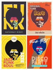 Flyer für Disco-Party-Events. Sammlung der kreativen Vintage-Poster. Vektor-Retro-Stil-Vorlage. Schwarzer Mann mit Sonnenbrille. © DiBronzino