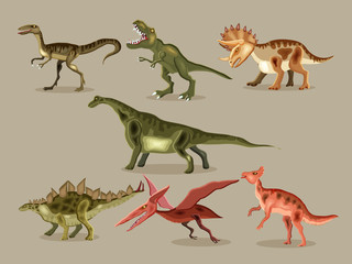 Vector cartoon  set of a dinosaurs. T-REX,  Tyrannosaur, Velociraptor, Triceratops, Brontosaurus, Parasaurolophus, Stegosaurus, Pteranodon.
