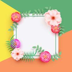 Fototapeta na wymiar Square banner decorated with beautiful flowers on colorful background, space for your text.