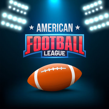 American football league concept with american ball, and shiny text, flud lights on blue background.