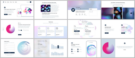 Vector templates for website design, minimal presentations, portfolio with geometric patterns, gradients, fluid shapes. UI, UX, GUI. Design of headers, dashboard, contact forms, features page, blog - obrazy, fototapety, plakaty