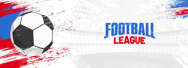 Football league, web banner design with soccer ball on colorful grungy background.