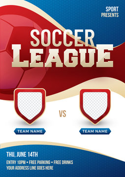 Soccer league poster, banner or flyer design with blank space for team flags.