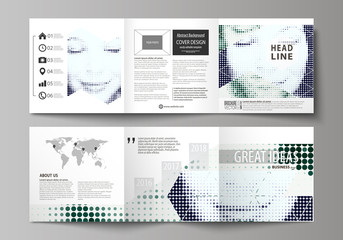 Business templates for tri fold square design brochures. Leaflet cover, vector layout. Halftone dotted background, retro style grungy pattern, vintage texture. Halftone effect with black dots on white