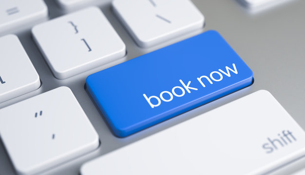 Book Now - Text on the Blue Keyboard Button. 3D.