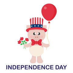4 july cartoon cute pig in hat with flowers and balloon with text