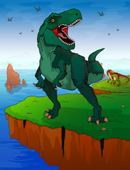 Tyrannosaur on the background of the sea. Vector illustration.