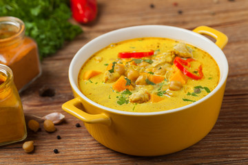 Sweet potato soup with chicken and lentils.