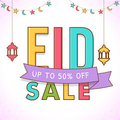 Colorful text Eid Sale with upto 50% off offers on hanging lanterns white background.