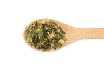 Dry leek pile in wooden spoon isolated on white background, top view