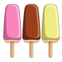 Set the color of ice cream in the glaze on a stick. Isolated vector objects on white background.