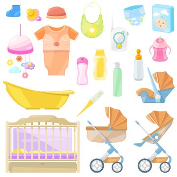 Baby goods vector icons and design elements. Color kids stuff for feeding, nursery, bathing, walking.