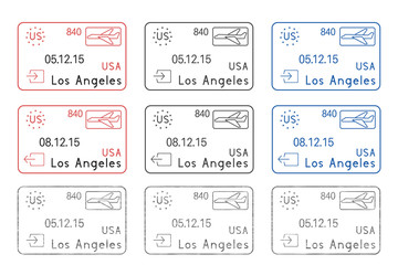 Naklejka premium Los Angeles passport stamps. Arrival and departure by plane. Colored set