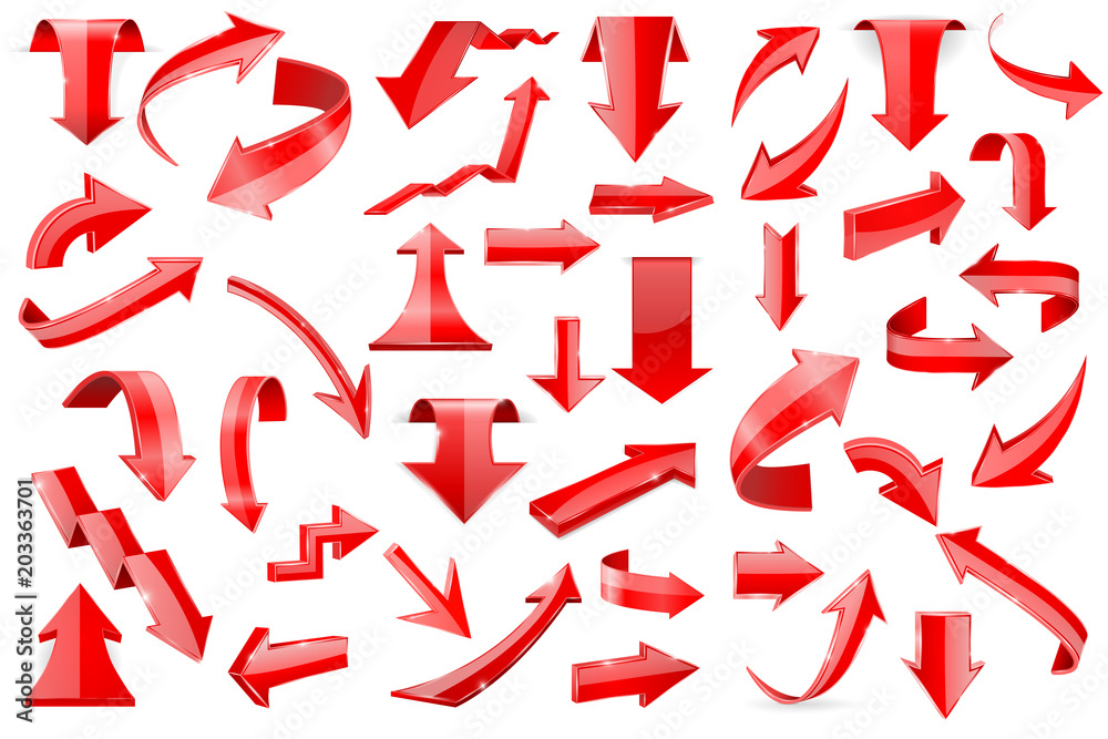Sticker red arrows. set of shiny 3d icons isolated on white background