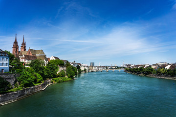 Fototapeta na wymiar BASEL, SWITZERLAND - June 16, 2017: Rhine river in Basel, Switzerland