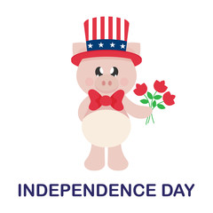 4 july cartoon cute pig in hat with flowers and text
