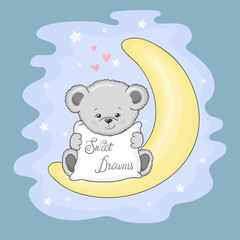 Cute Teddy Bear on the moon. Sweet dreams vector illustration.