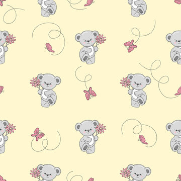 Seamless pattern with cute cartoon Teddy bears and butterflies. Vector baby background.