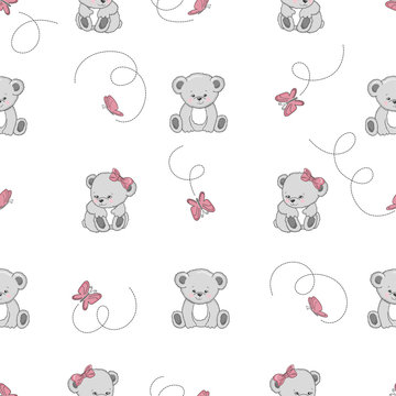 Seamless pattern with cute cartoon Teddy bears and butterflies. Vector background for kids design.
