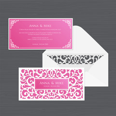 Fototapeta premium Wedding invitation or greeting card with vintage ornament. Paper lace envelope template. Wedding invitation envelope mock-up for laser cutting. Vector illustration.